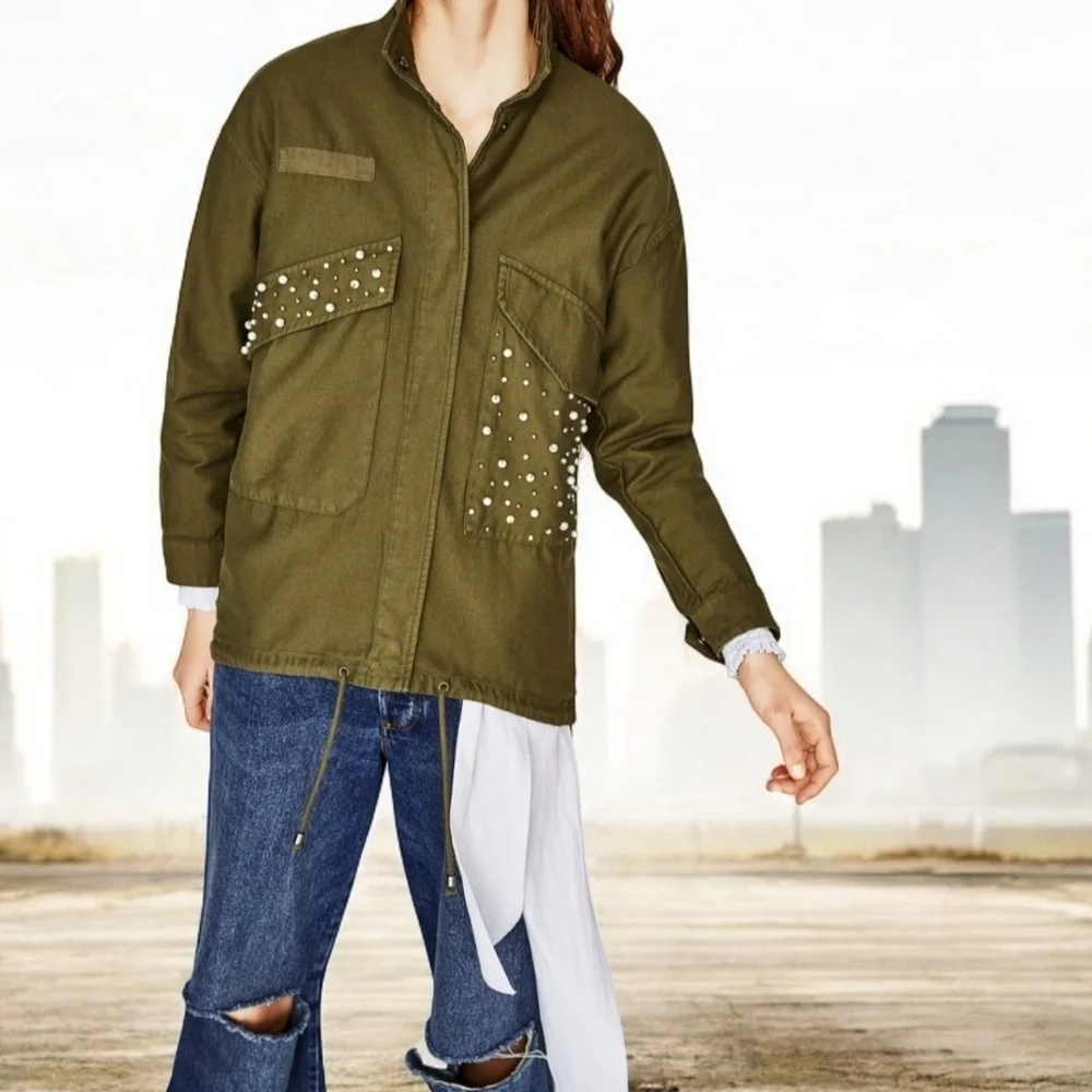 CALI 1850 Military Zara fatigue olive green oversize pearl detail jacket… - Picture 1 of 15